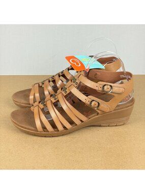 Baretraps Hydee Wedge Heel Sandals Womens 11 Tan Faux Leather Hook and Loop